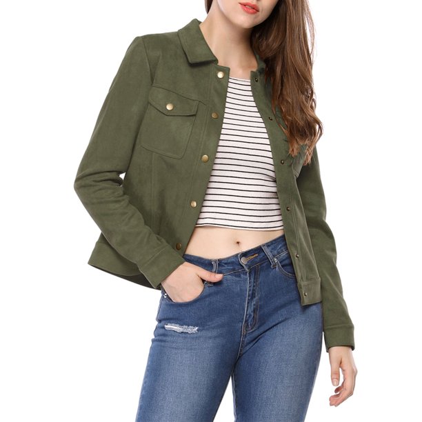 INSPIRE CHIC Chaqueta de Mujer para Regreso a Clases con Cuello Abatible, Bolsillos con Solapa y Botones a Presión de Imitación de Gamuza S Verde Militar