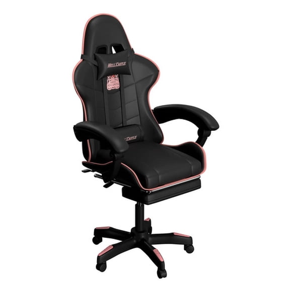 Silla Gamer Hell Castle Reclinable Con Cojin Lumbar Negro Con Rosa Cuero Sintético