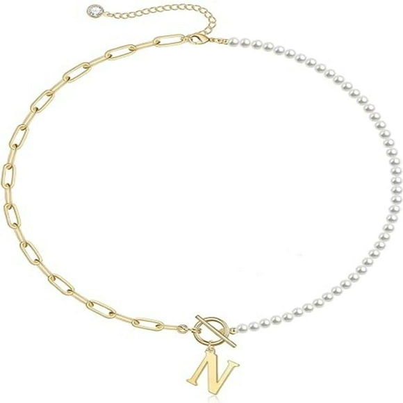Collar HESHPAWS Gold Initial Pearl 14K Gold Plated Paperclip Link Cadena y Colgante Inicial A-Z