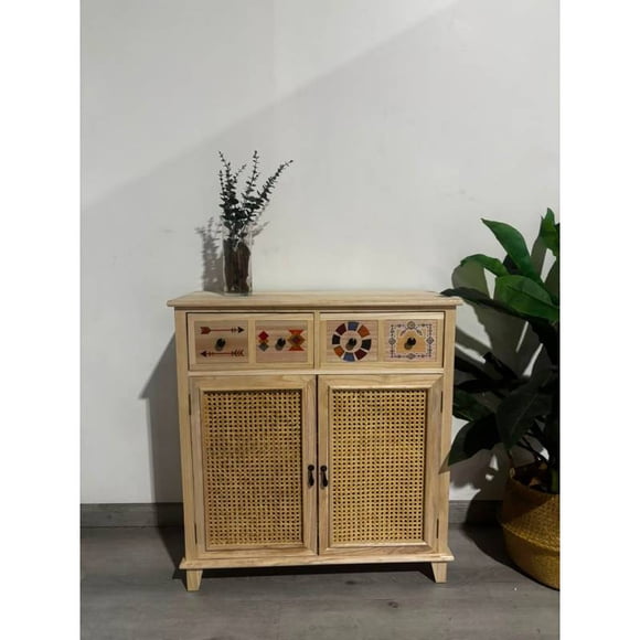Arrimo de Madera con Ratán Natural 4 Cajones 2 Puertas 83x39x89 cm