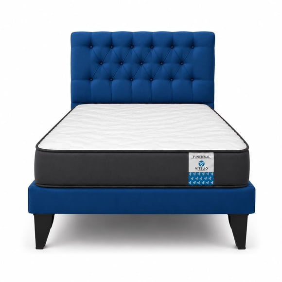 Cama 1.5 Plaza Azul Francia Capitone + Colchón Ortopedico