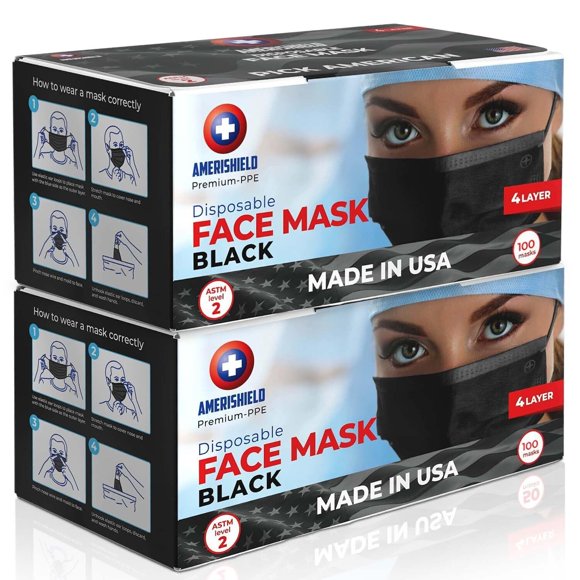 Mascarilla facial Amerishield negra ASTM Nivel 2 - 100 uds