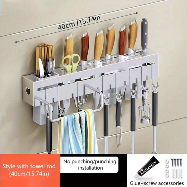 1pc Knife Rack, Wall-mounted Knife Holder With Chopsticks Barrel, Multifunctional Carbon Steel Storage Rack, Kitchen Punch-free Rack With Hooks, Kitchen Storage Organization, Kitchen Accessories