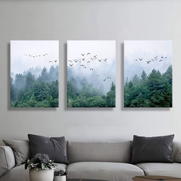 3pcs/set Large Living Room Decoration, Green Forest Art Nordic Home Improvement Forest Landscape Nature Art Bedroom Bathroom Mural, Panel Frame Canvas Modern Living Room Decoration, Wall Art, 11.8inch