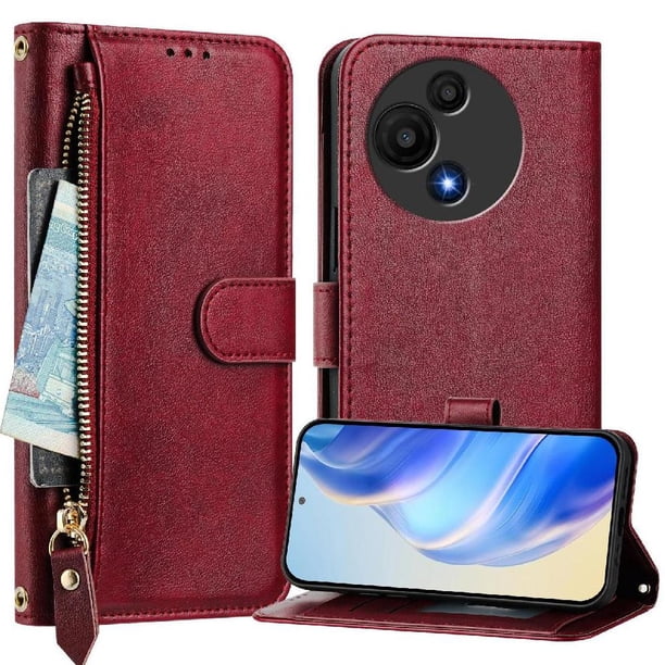 Funda Billetera Cremallera para TCL 60 SE NxtPaper con Porta Tarjetas, Soporte y Correa Rojo