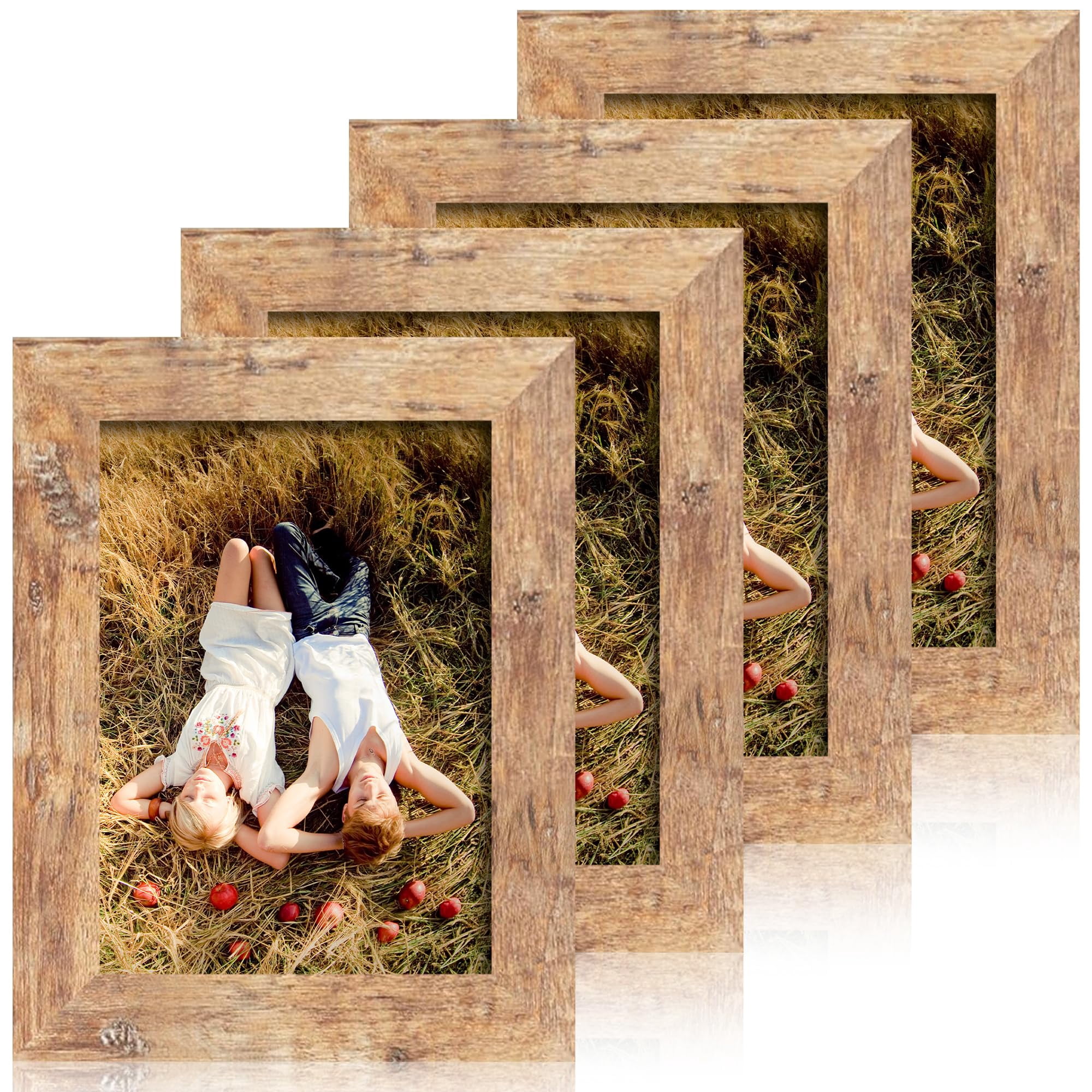 Marco De Fotos Irahmen 5 X 7, Juego De 4 Unidades, Color Marrón Rústico Con Cristal Auténtico