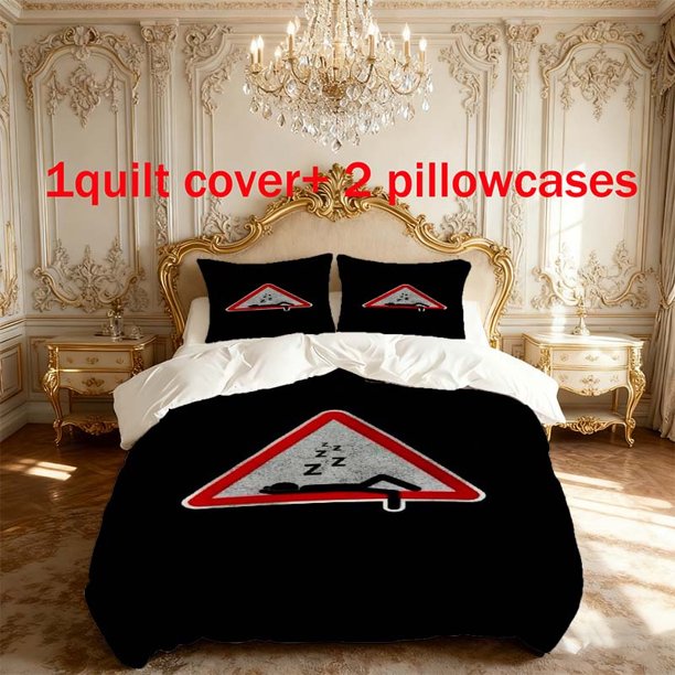 3pcs Creative Traffic Warning Themed Printed Bedding Set Duvet Cover and Pillowcases