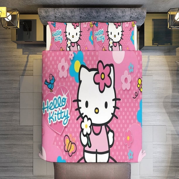 Hello Kitty Print Bedding Set for Girls Kids Teen Tween Ultra Soft Microfiber Comforter Set Twin Size with 3-Pieces Comforters Bed Sets Bedroom Decor Bed Sheets