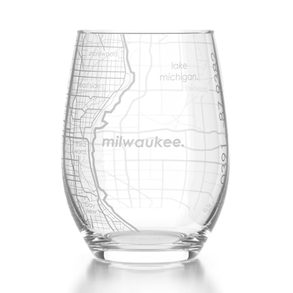 Copa de vino sin tallo con mapa grabado de Milwaukee, Wisconsin, vidrio grabado (15 oz, transparente) regalo personalizado de ciudad para amantes