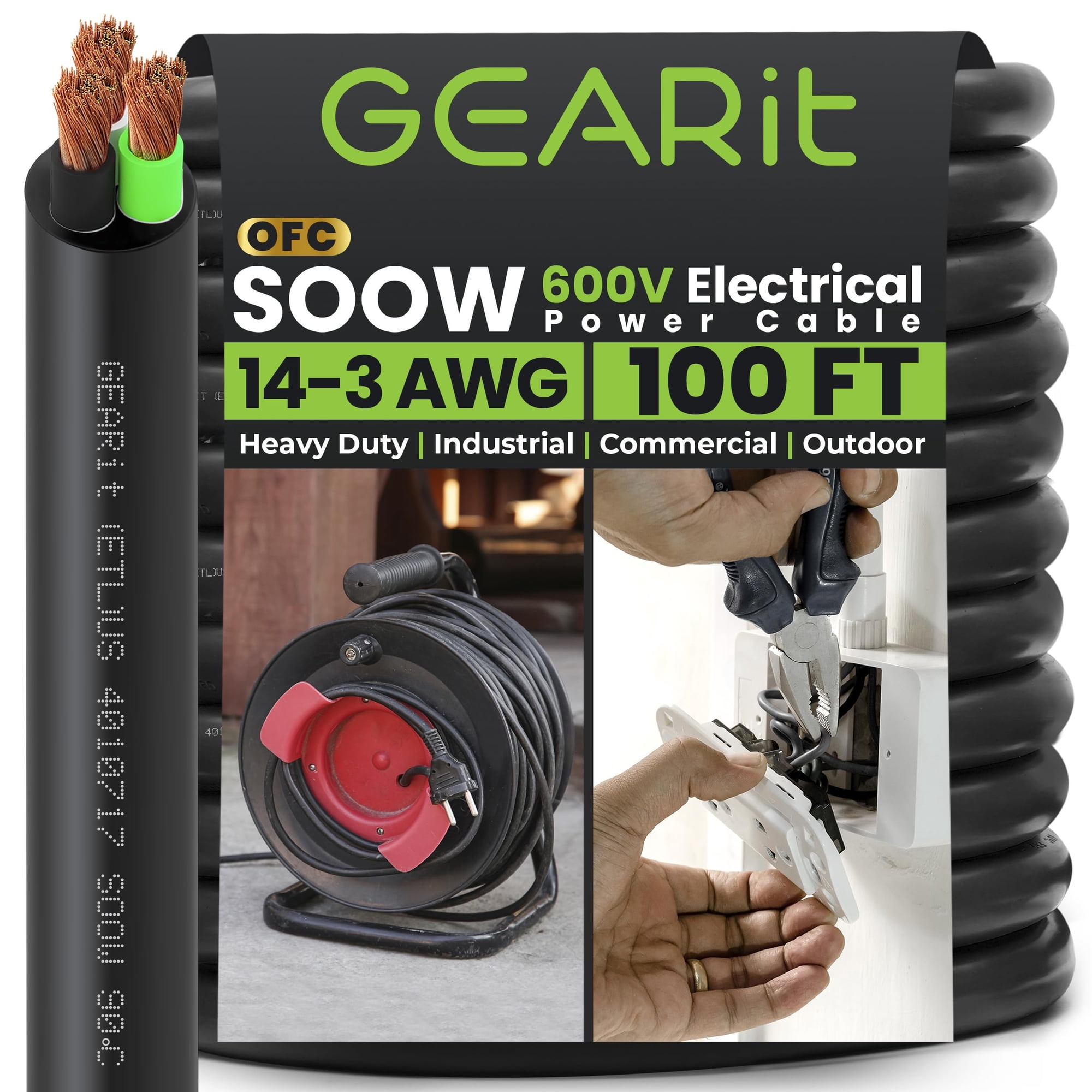 Cable De Alimentación Gearit 30 M 14 Awg 3 Conductores 600v Soow