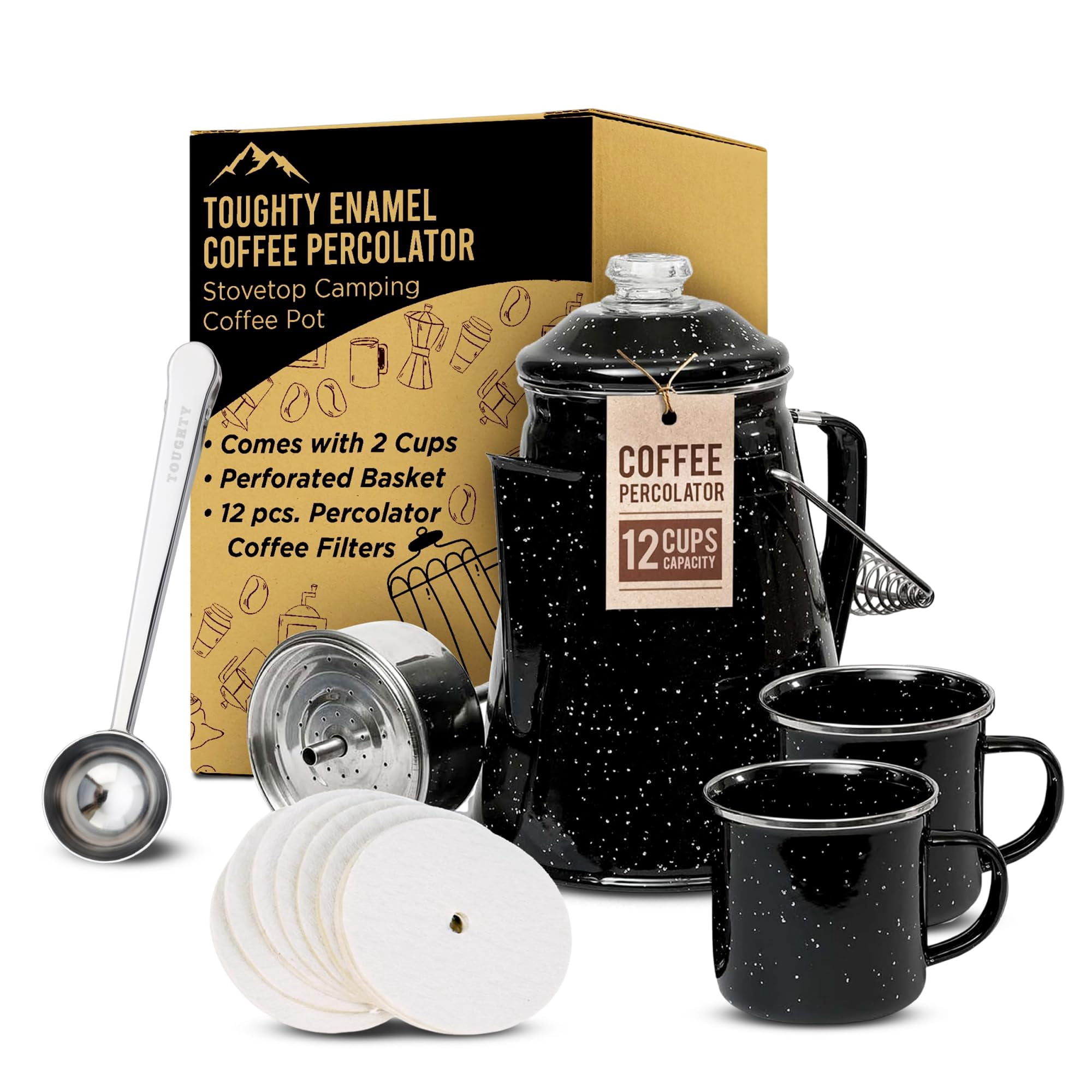Cafetera Toughty Enamel Para Estufa, 12 Tazas, Para Acampar
