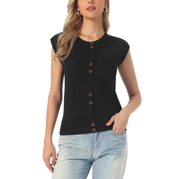 INSPIRE CHIC Chaleco de Verano para Mujer Cuello Redondo Sin Mangas Suéter Ligero Casual Tejido Pullover Tops de Tirantes XS Negro
