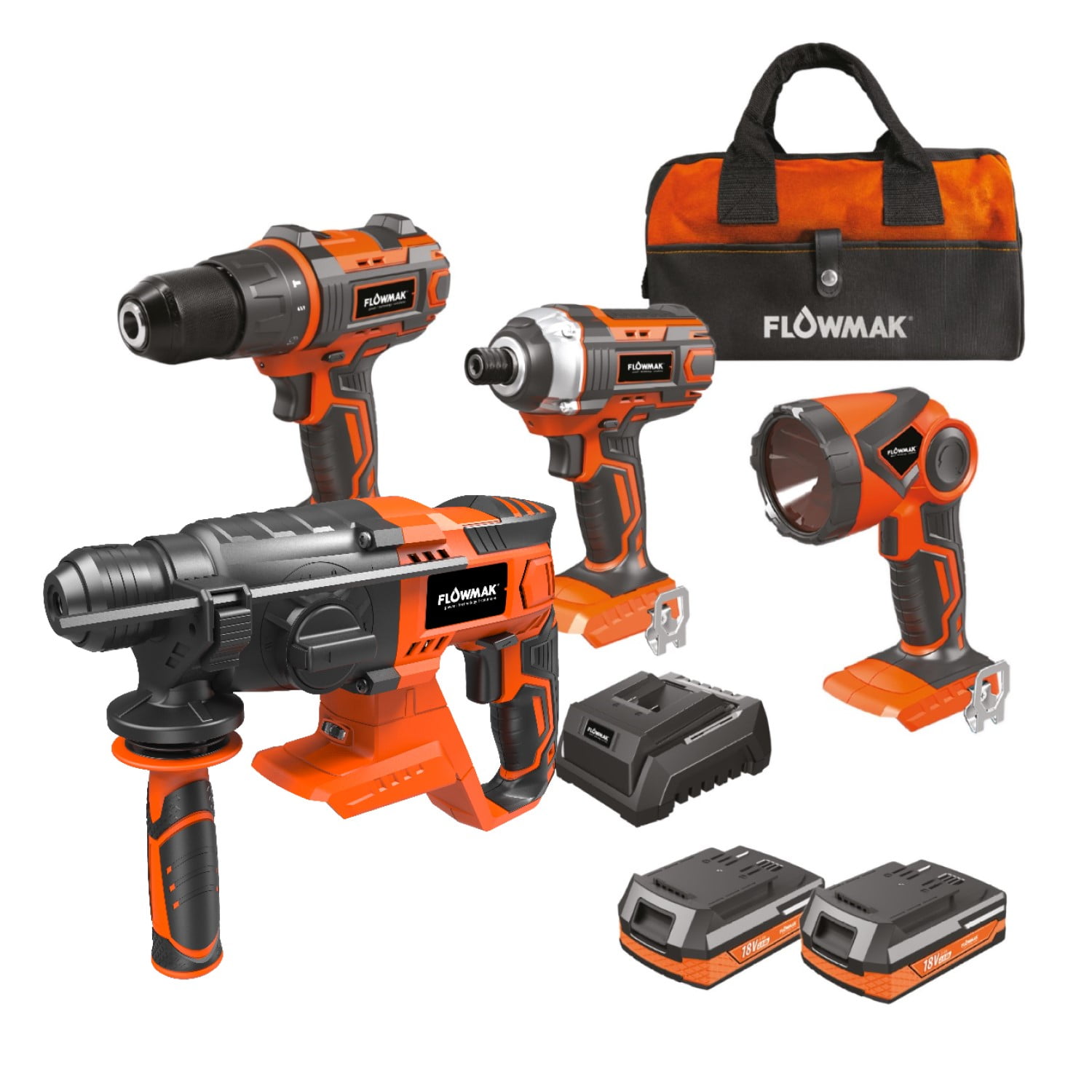 Flowmak - Kit Taladro 13mm Atornillador Linterna Y Rotomartillo