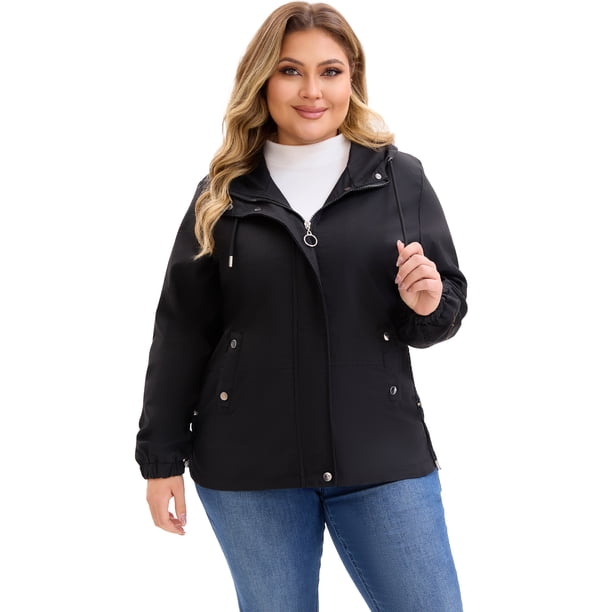 Abrigos de Trinchera con Capucha para Mujer de Talla Grande Agnes Orinda a Prueba de Viento con Cremallera y Botones Chaqueta de Invierno con Bolsillos L Negro