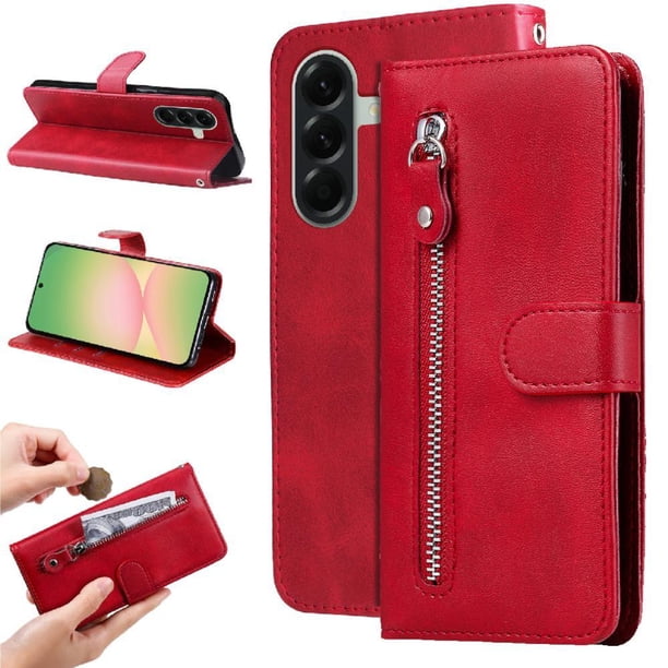 Funda tipo cartera para Samsung Galaxy A57 con bolsillo con cremallera y ranuras para tarjetas – Función de soporte Rojo