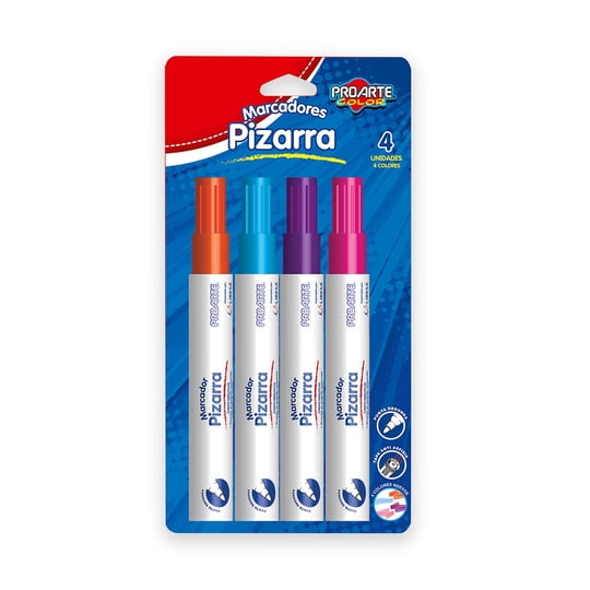 Pack De 4 Marcadores De Pizarra Celeste + Morado + Naranjo + Rosa, 1 Un Proarte