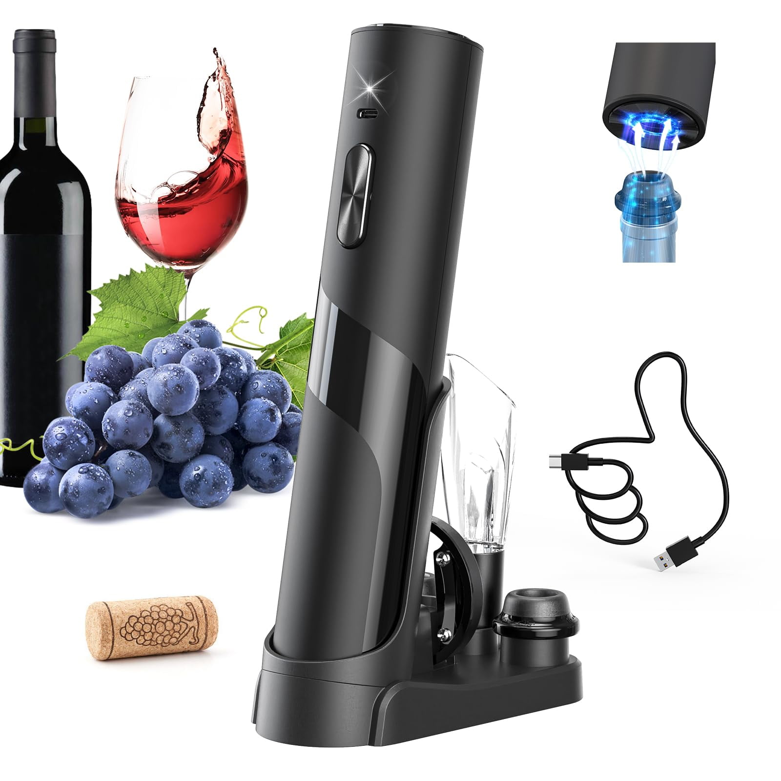 Set Abridor De Vino Recargable Circle Joy Con Bomba De Vacío 7 En 1