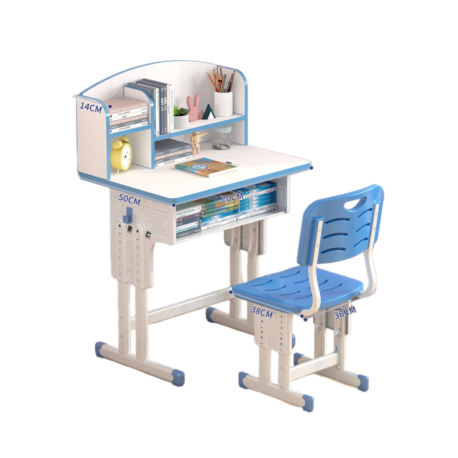 Babyluna - Set De Escritorio Y Silla Infantil Altura Ajustable Ultra Resistente Con Estantería Azul