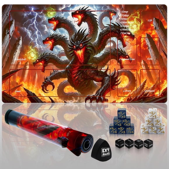 MTG Playmat Extalas Dragon Fire Vortex con tubo de almacenamiento y dados