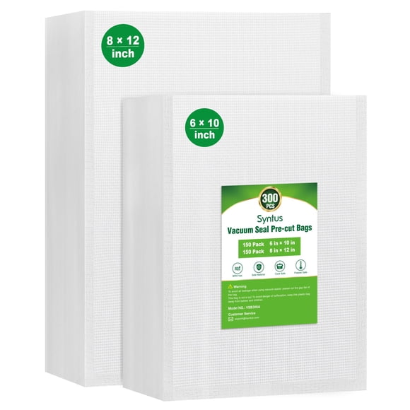 Bolsas precortadas para envasado al vacío Syntus para alimentos, 300 ml, tamaño cuarto 20 x 30 cm, tamaño pinta 15 x 25 cm