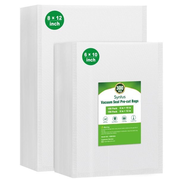 Bolsas precortadas para envasado al vacío Syntus para alimentos, 300 ml, tamaño cuarto 20 x 30 cm, tamaño pinta 15 x 25 cm