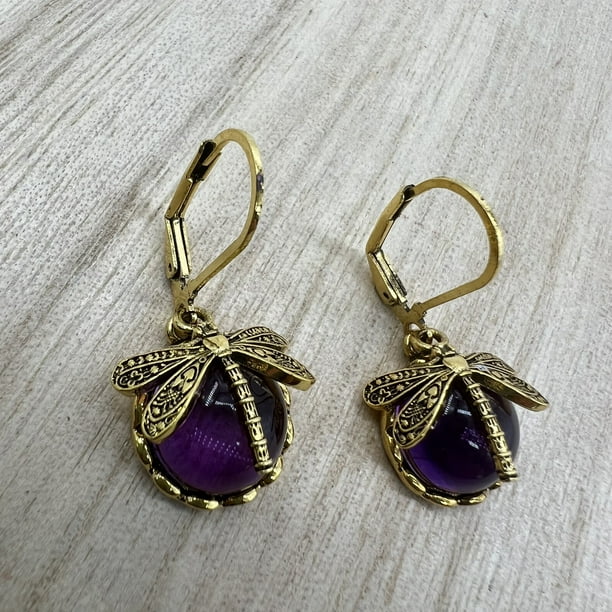 Vintage Dragonfly Earrings with Inky Blue Moonstone and Brass Glass Cabochon - Perfect Vintage Victorian Gift for Women