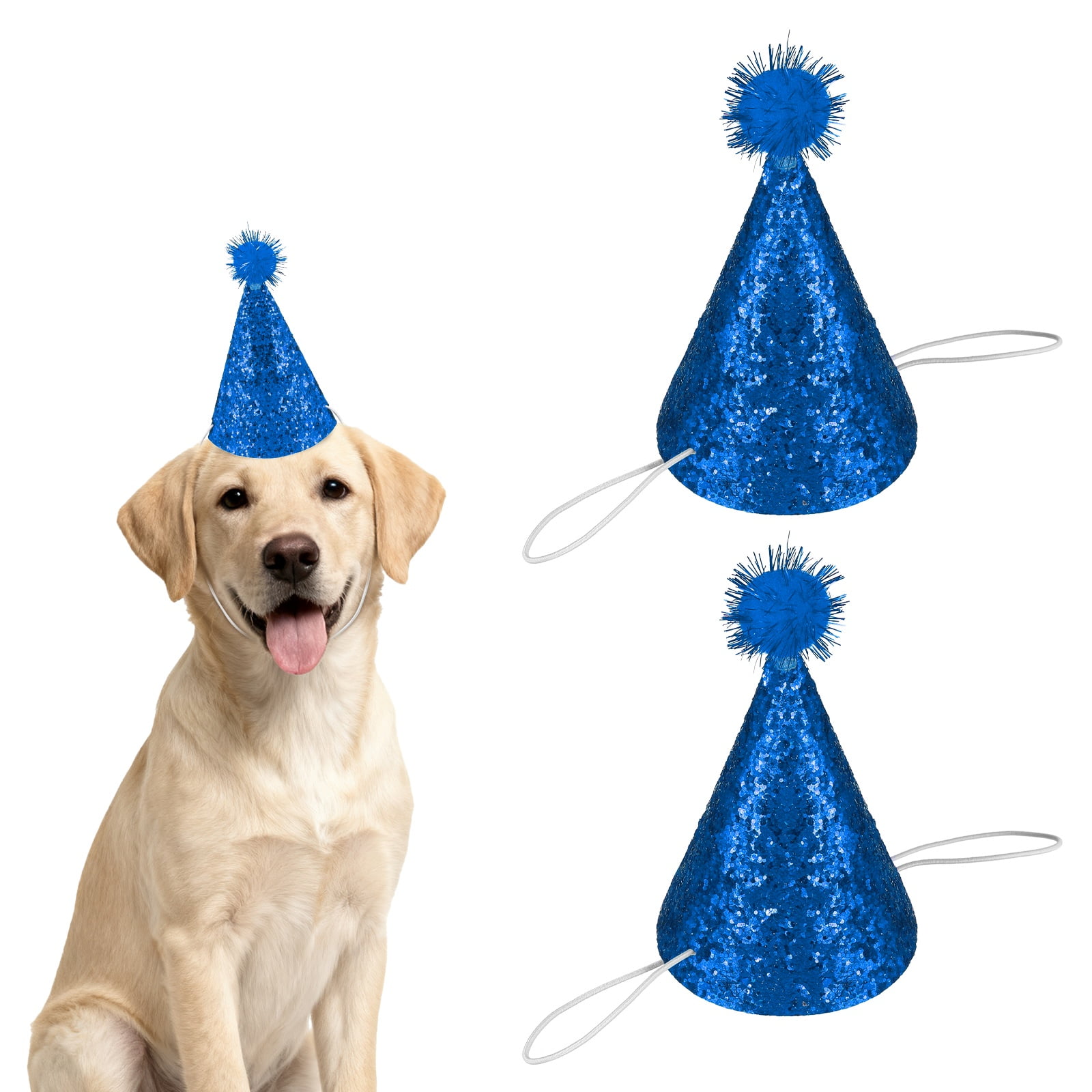 Sombrero de Cumpleaños para Perros Uxcell, Sombreros Pequeños para Perros Gatos Sombrero de Fiesta de Cumpleaños con Pompones Ajustable Decoración Lentejuelas (Azul Cobalto, 2 Piezas)