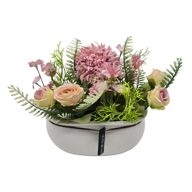 Planta Artificial Macetero Ceramica Blanco Arreglo Floral rosa