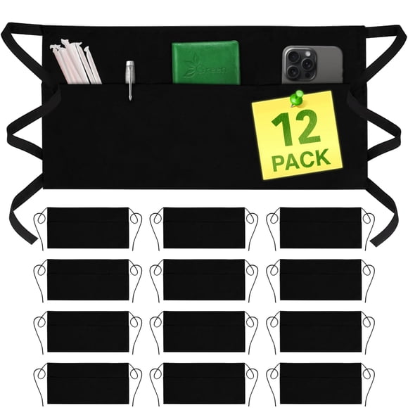Delantal verde Lifestyle Server Cintura con 3 bolsillos, paquete de 12, negro
