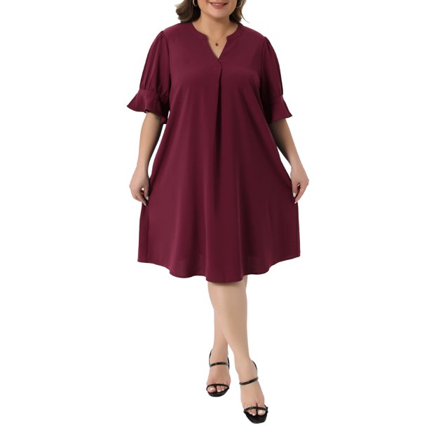 Agnes Orinda Vestidos de Chifón de Talla Grande para Mujer, Cuello en V con Muesca, Manga Corta de Campana, Plisado, Casual de Verano, Midi con Bolsillos 1X Burdeos
