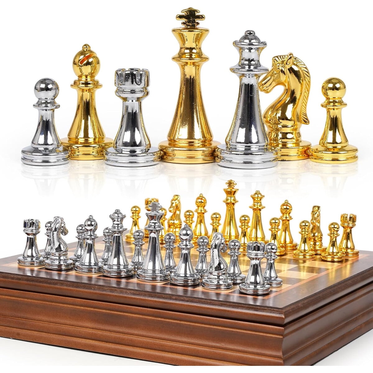 Ajedrez Metalico Genjuw 12 Piezas Oro Plata Tablero Madera