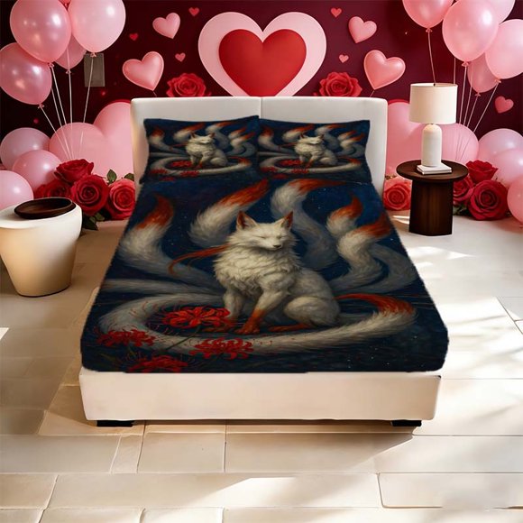 The Legend of The Nine-Tailed Fox Printed Fitted Sheet Printed Fitted Sheet Soft Fitted Sheet And Two Pillowcases Suitable for All Seasons Ideal for Family Bedr