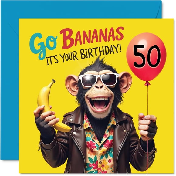 Tarjeta de felicitación Stuff4 Monkey Go Bananas para 50 cumpleaños, 14,5 cm
