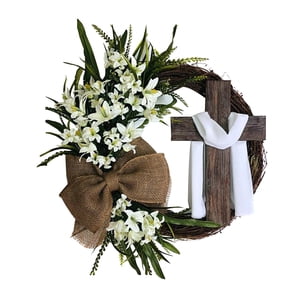 Bothyi - Corona De Pascua Con Decoración De Cruz Rústica Para Fiesta De Festival De Puerta Delantera 40 Cm Blanco