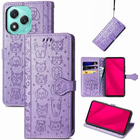 Funda Cartera Foxdock Para Honor 400 Lite , Flip Pu Con Relieve De Gatos Y Perros, Tarjetero Y Soporte