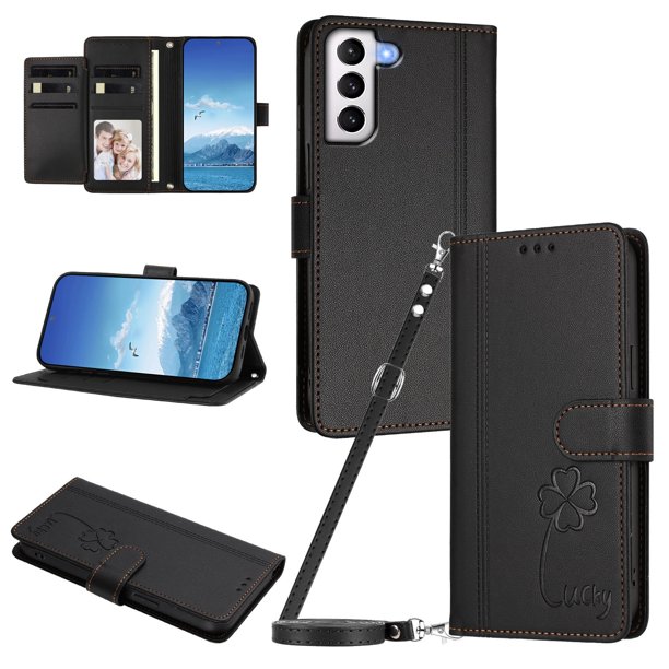 Funda Cartera Trébol para Samsung Galaxy S21 Plus con Ranuras Tarjetas y Carga Inalámbrica Negro