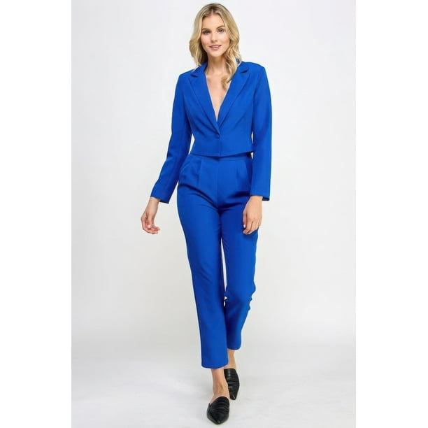 Saronite Conjunto de Blazer Formal Corto con Cuello en V, Manga Larga y un Solo Botón con Pantalón a Medida, Color Azul Real (para Mujer)