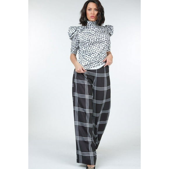 Pantalones Anchos con Estampado de Cuadros y Cintura Alta