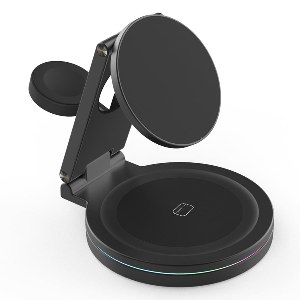 Genérico - 3 En 1 Magnético 360 Grado Autorotation Rápido Cargador Inalámbrico Para Iphone Iwatch Airpods Estación De Carga Dock-negro