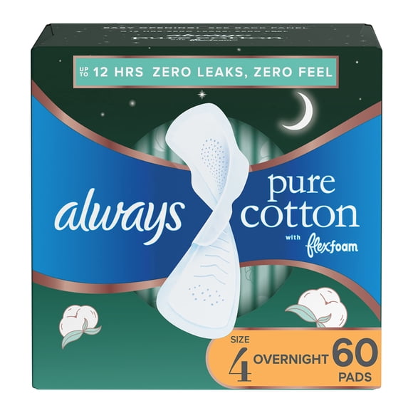 Almohadillas femeninas Always Pure Cotton FlexFoam, tamaño 4, durante la noche, 60