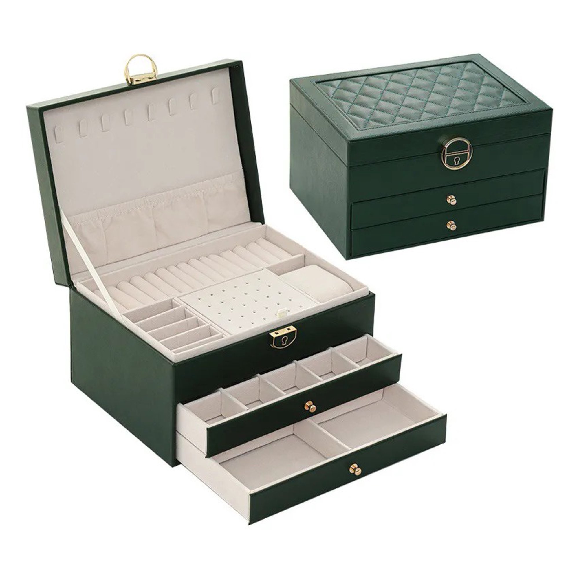 Genérica - Caja De Joyería De Cuero - Organizador Joyas Verde Oscuro De 3 Capas