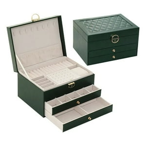 Genérica - Caja De Joyería De Cuero - Organizador Joyas Verde Oscuro De 3 Capas