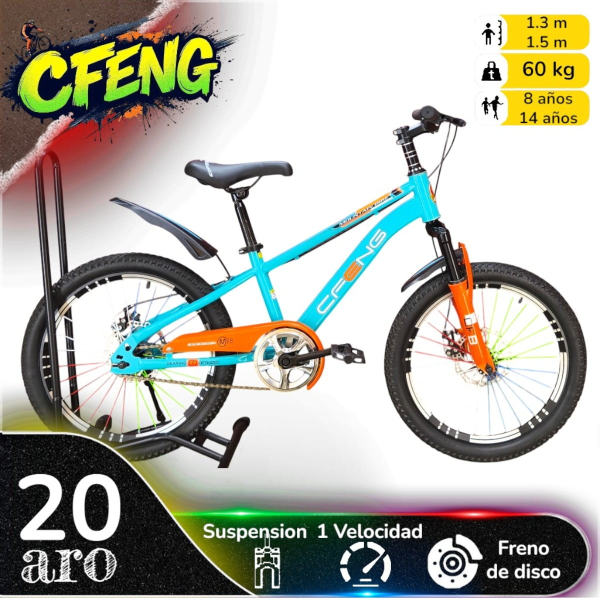 Vipnetwork - Bicicleta Aro 20 Cfeng Con Freno Disco Celeste Naranjo
