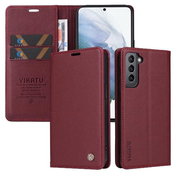 Funda Billetera de Cuero para Samsung Galaxy S21 Plus con Tarjetero y Soporte - Tapa Magnética Rojo