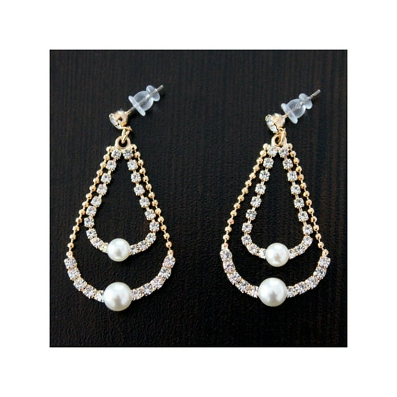 Aros Colgantes Largos Con Pedreria Perla Color Dorado