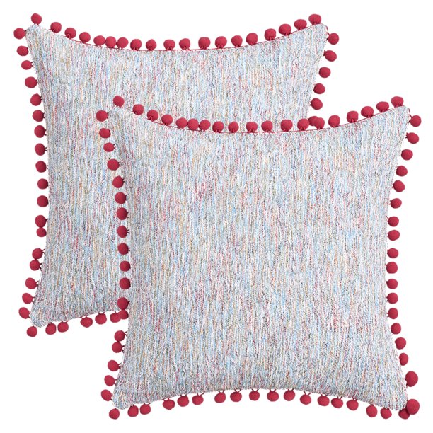 REGALWOVEN Paquete de 2 fundas de cojín de chenilla, fundas de almohada decorativas boho con pompones para sofá de sala de estar estilo casa de campo púrpura 18" x 18"
