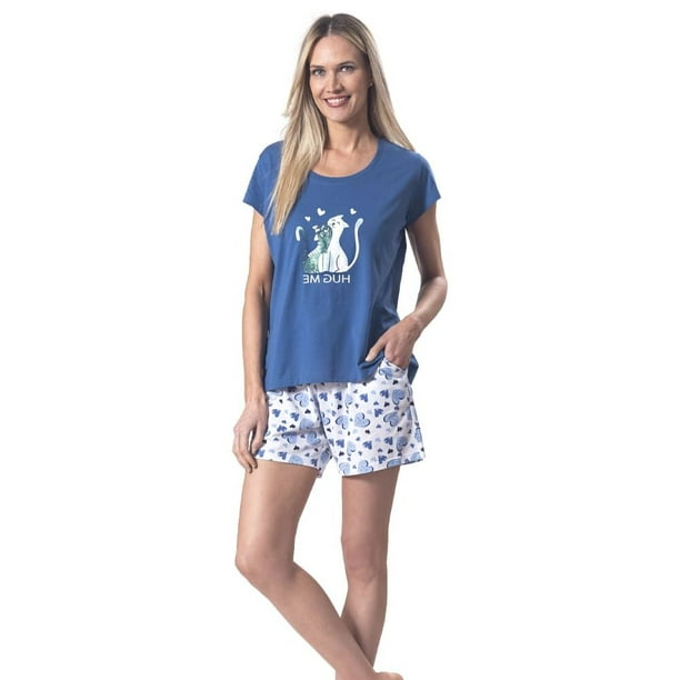 Pijama Algodón Short, Polera Manga Corta Local Print Gatitos