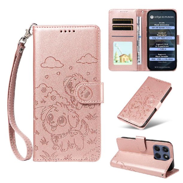 Funda Billetera FOXDOCK Compatible con Motorola Edge 60 Fusion 5G, Diseño Perrito Tierno, Ranuras para Tarjetas y Soporte Plegable