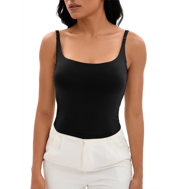 INSPIRE CHIC Camiseta de Tirantes Ajustables con Sujetador Incorporado para Mujer, Escote Cuadrado, Cami, Negro M