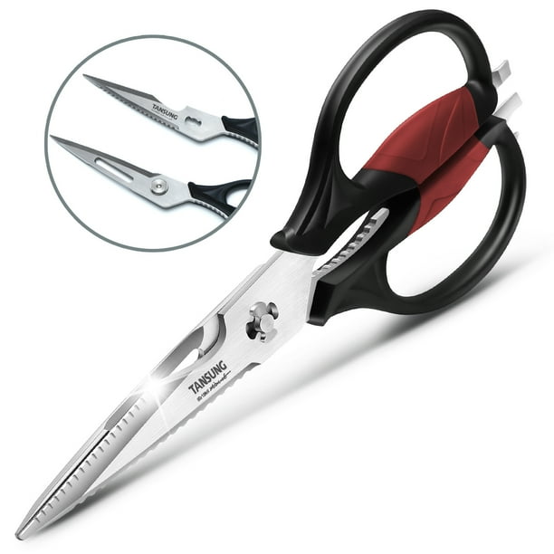 TANSUNG Heavy Duty Kitchen Scissors, Multifunction Kitchen Shears For Poultry, Fish, Herb, Flowers - Sharp Blade Shears - Detachable For Easy To Clean - Peeler, Bottle Opener (Red)